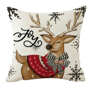 Holiday Pillow - Deer with Red-Patterned Scarf, Snowflakes & Joy 16" X 16"