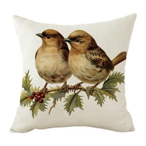 Holiday Pillow - Vintage Style Sparrows On Holly Branch 16" X 16"