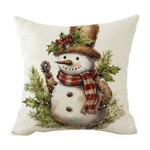 Holiday Pillow - Snowman with Hat, Striped Scarf, & Holly Sprigs 16" X 16"