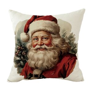 Holiday Pillow - Jolly Santa with Red Coat & Evergreen Sprig 16" X 16"