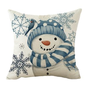 Holiday Pillow - Beige Snowman In Blue Hat, Striped Scarf 16" X 16"
