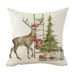 Holiday Pillow - Deer With Santa Hat, Scarf, & Tree Tree Background 16" X 16"
