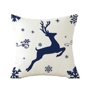 Holiday Pillow - Dark Blue Leaping Reindeer W/ Snowflakes 16" X 16"
