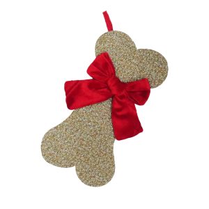 Holiday Decor - Stocking 14" Dog Bone Design Light Brown/Red Curly Faux Fur with Velvet Bow