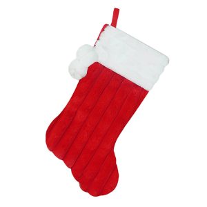 Holiday Decor - Stocking 20.5" Red/White Striped Faux Fur with Pom Poms