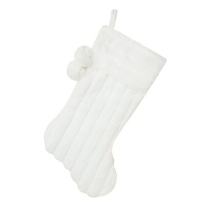 Holiday Decor - Stocking 20.5" White Striped Faux Fur with Pom Poms