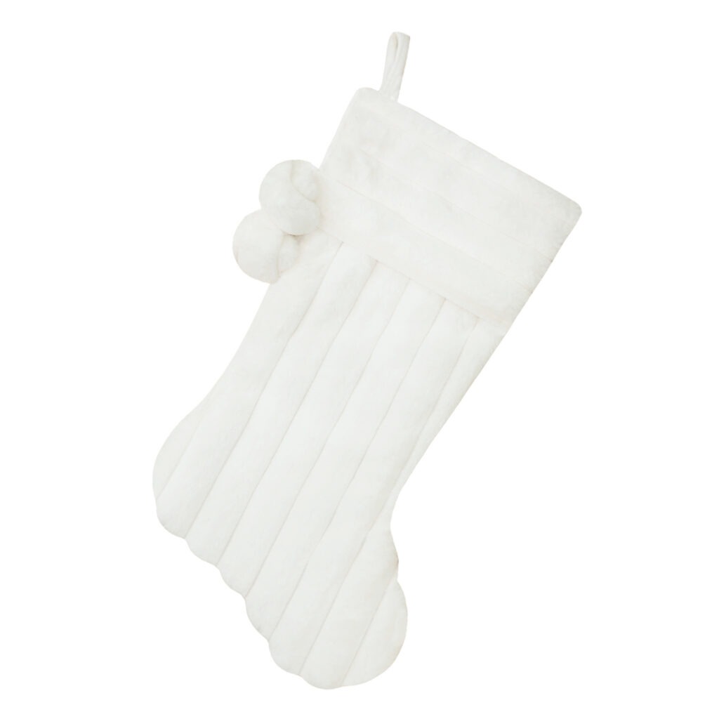 Holiday Decor - Stocking 20.5" White Striped Faux Fur with Pom Poms