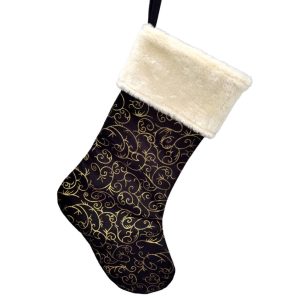 Holiday Decor - Stocking 20" Black/Gold with Fur Cuff & Swirl Print
