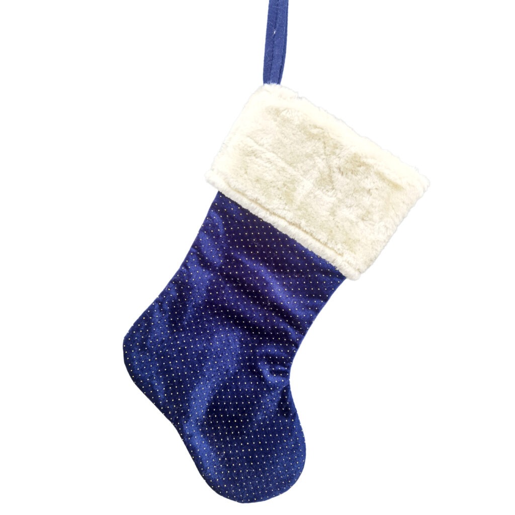 Holiday Decor - Stocking 20" Blue with Fur Cuff & Gold Pin Dots