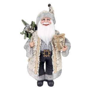 Holiday Decor - Standing Santa Claus 18" Brown/Gray Birch Look Holding A Gift