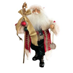 Holiday Decor - Santa Standing Deluxe 18" Red/Green Holding Staff & Pocket Watch