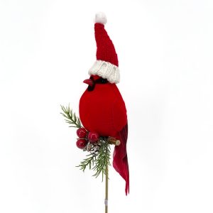 Holiday Decor - Bird Red Cardinal 13.5" W/ Santa Hat On Pick