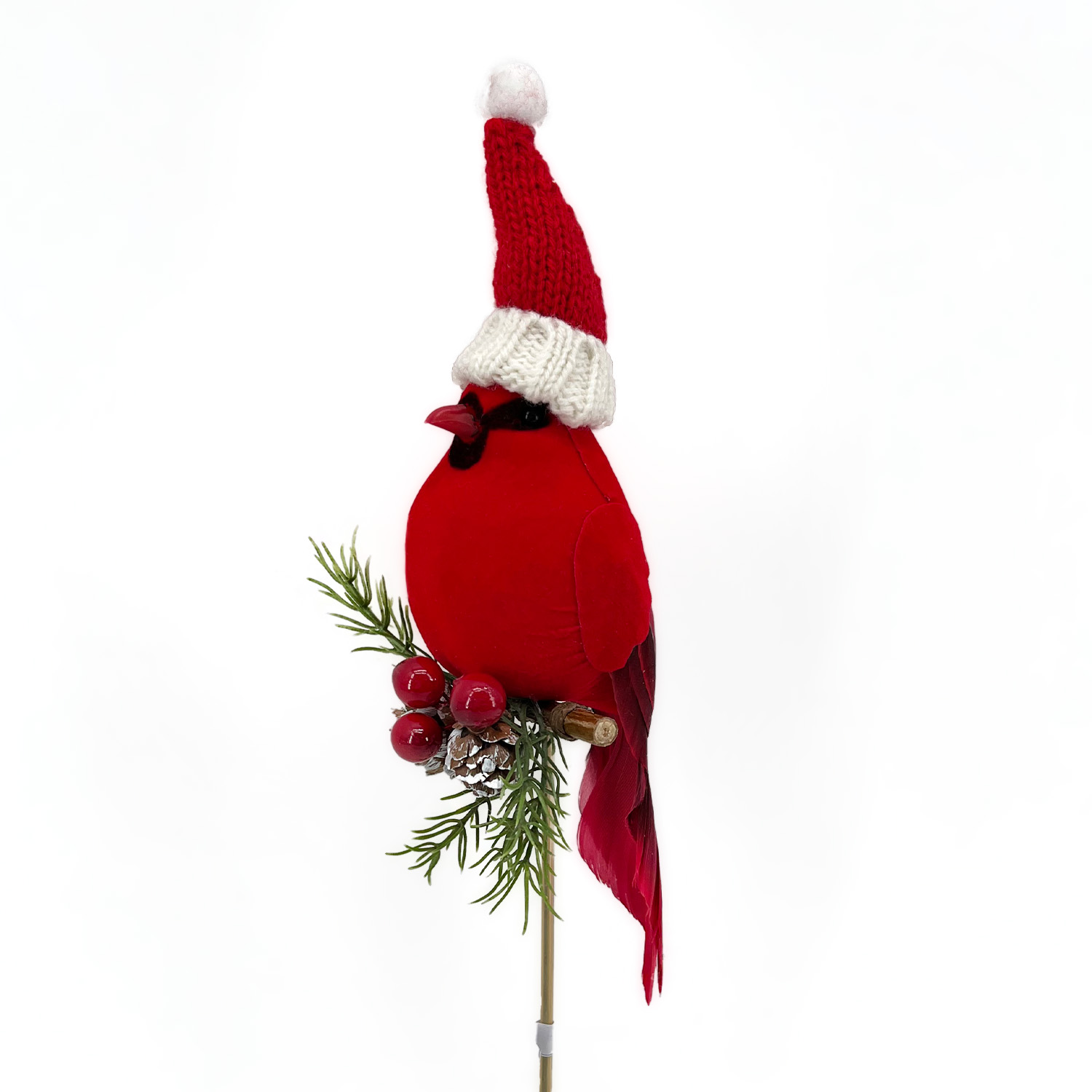 Holiday Decor - Bird Red Cardinal 13.5" W/ Santa Hat On Pick