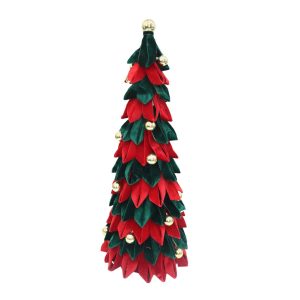 Holiday Decor - Cone Tree 27" Velvet Deep Red/Emerald with Bells