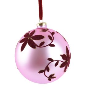 Holiday Ornament - Glass Bauble Pink Flower 10cm