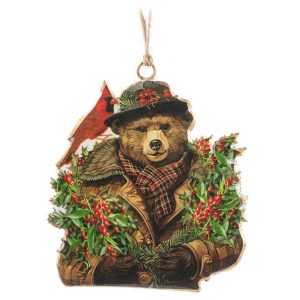 Holiday Ornament - Bear in Coat & Hat with Cardinal 4.5"