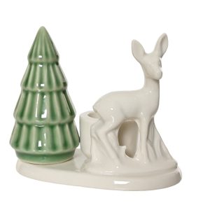 Holiday Decor - Porcelain candle holder, green/white