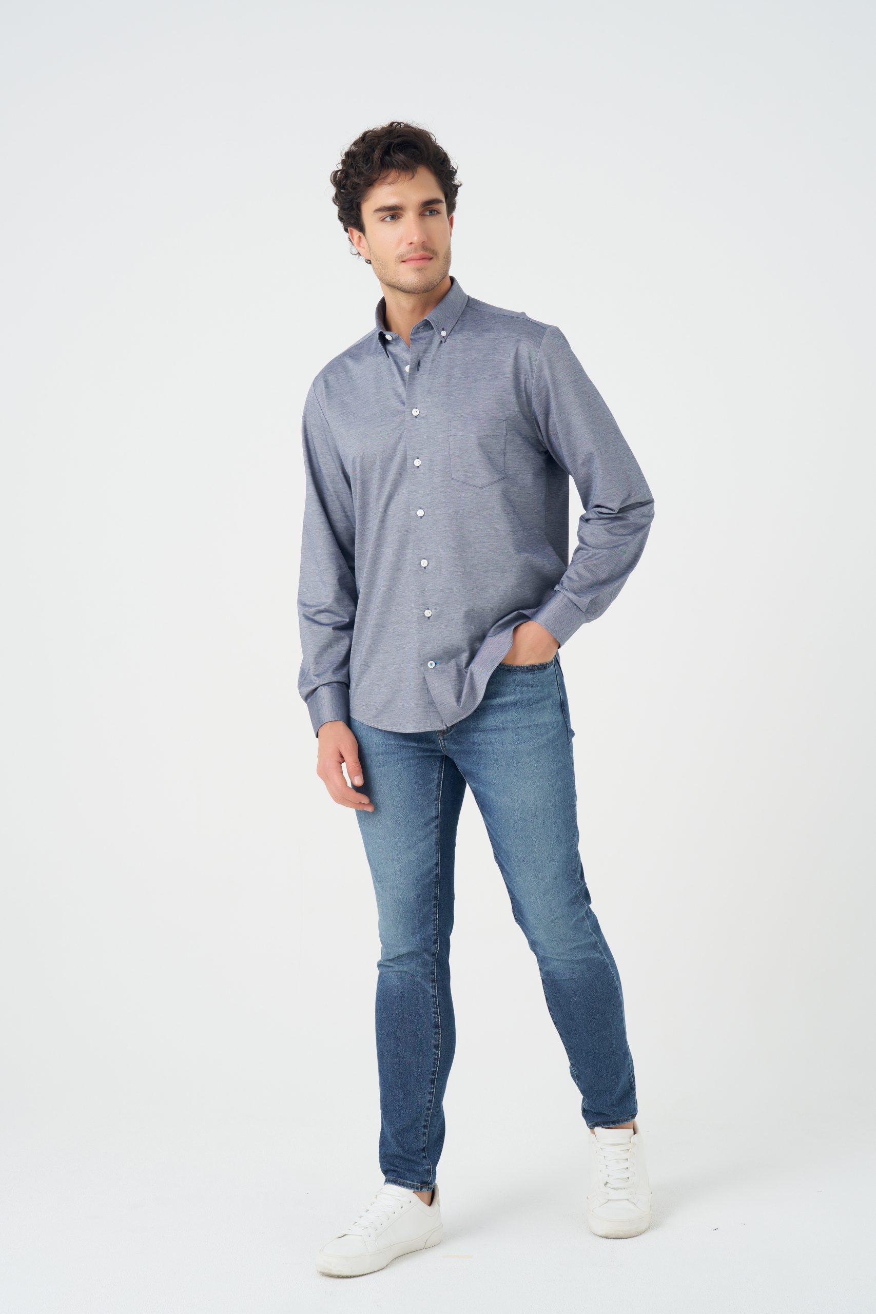 Leo Chavalier Knit Button Down Shirt (Navy)