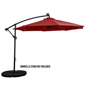 Sun-Ray 10' Offset Solar Lighted Umbrella with Cross Base - Aluminum - 8Rib Scarlet
