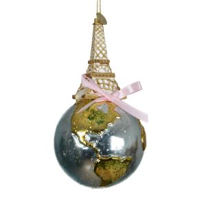 glass Paris Eiffel Tower on top of the world ornament