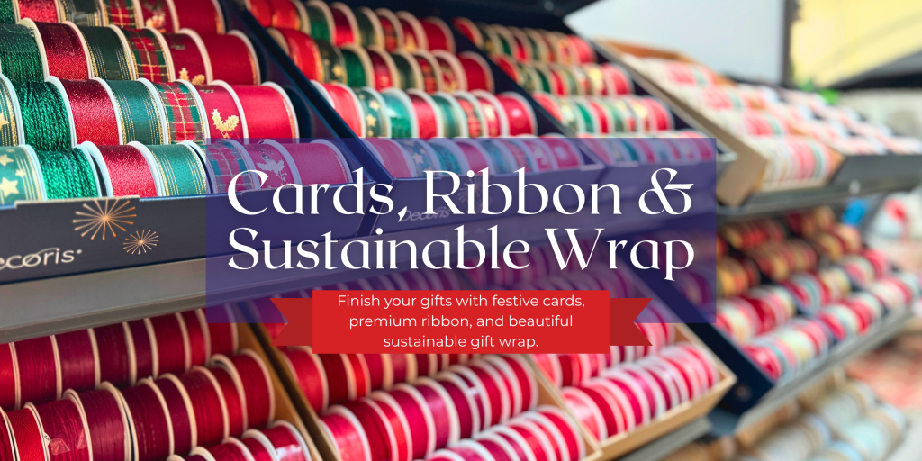 Holiday ribbon shown to illustrate gift wrapping supplies at TERRA Greenhouses.