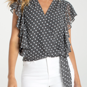 Liverpool Short Ruffle Sleeve Top (Black and White Plaid)