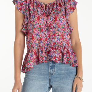 Liverpool Flutter Sleeve Top (Pink Floral)