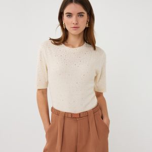 EsQualo Top short sleeve rib Sequins (Ecru)