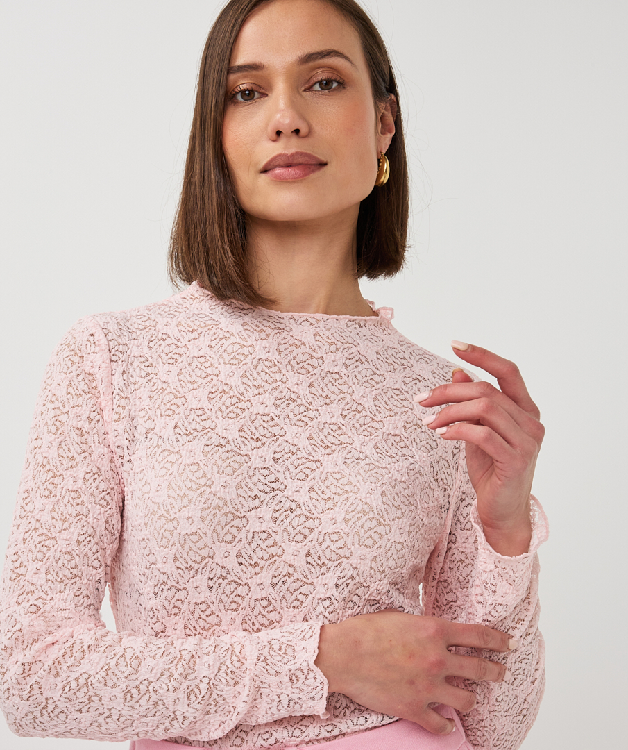 EsQualo Lace Long Sleeve Top (Romance Rose)