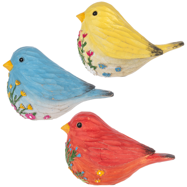 Carved Botanical Bird Figurines (three colours available)