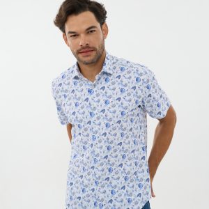 Leo Chevalier Short Sleeve Botton Up Shirt (Blue Floral)