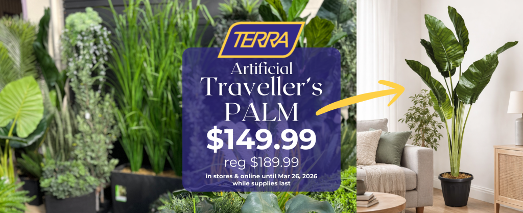 a large, realistic looking artificial Travellers Palm on sale at TERRA