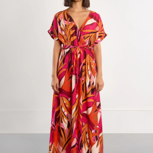 Molly Bracken Tropical Print Tie Waist Midi Dress