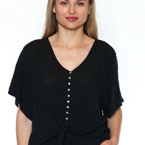 Papa Fashion Swiss Dot Button-Front Tie Top