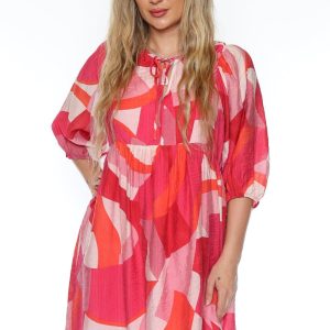 Papa Fashion Abstract Puff-Sleeve Tie Neck Dress