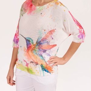 Angela Mara Boat Neck Hummingbird Pullover