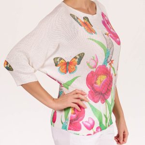 Angela Mara Boat Neck Floral Bird Pullover