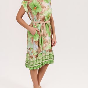 Angela Mara Boat Neck Ribbon  Ruffle Belted Dress