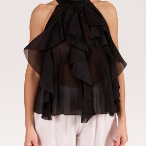 Angela Mara Sleeveless Bow Tie Ruffle Front Blouse