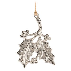 Simple Flat Holly Ornament-Sil-3"H