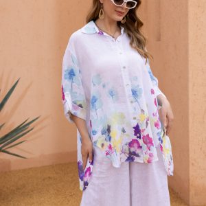 Orange Fashion Seraphina’s Watercolour Flower Button Top