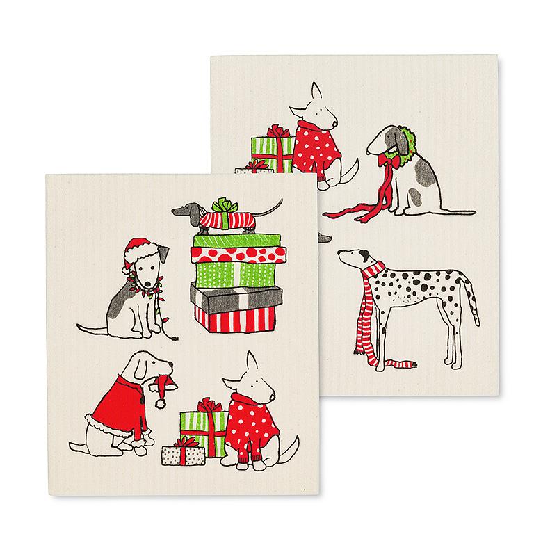 S/2 Holiday Dogs Dishcloths-6.5x8"L