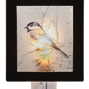 Watercolor Chickadee in Forest Night Light