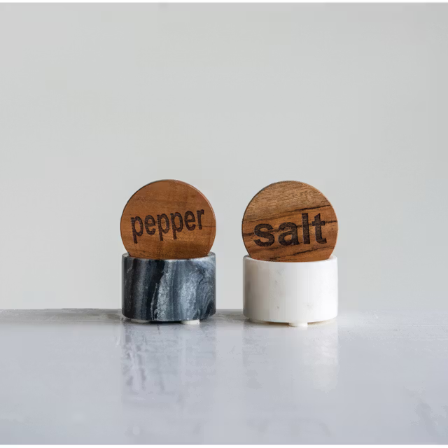 Marble Salt & Pepper Pot w/Wood Lid, 2 Set