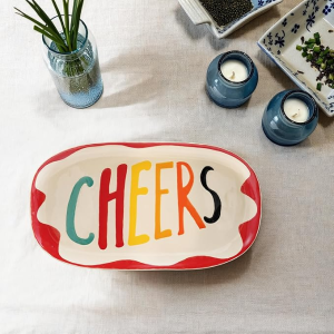 Stoneware Platter w/Wax Relief Word "Cheers"
