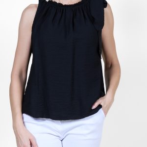 Angela Mara Ruffle Neck Tie Trim Top