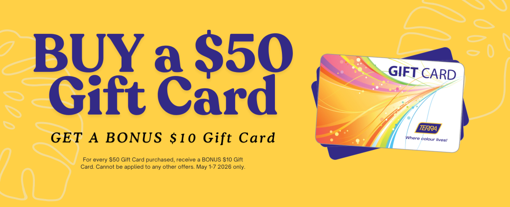 Graphic text image: buy a $50 gift card and get a bonus $10 gift card at TERRA.