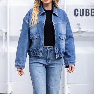Orange Fashion - Elastic-Hem Denim Bomber