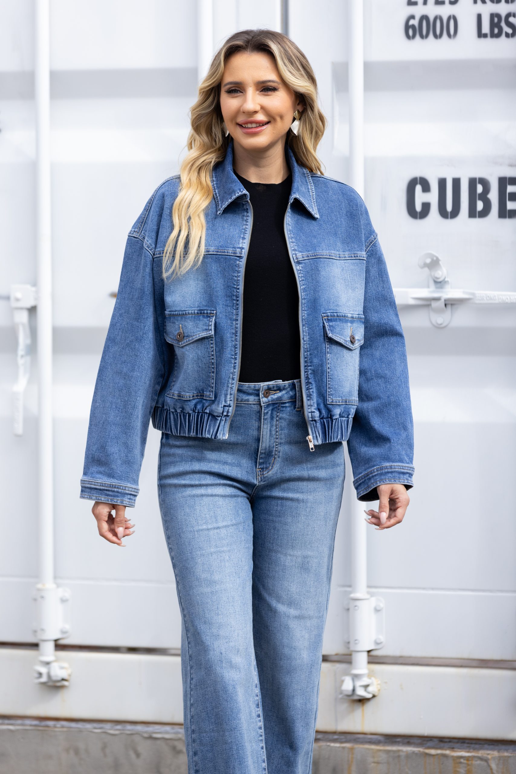 Orange Fashion - Elastic-Hem Denim Bomber