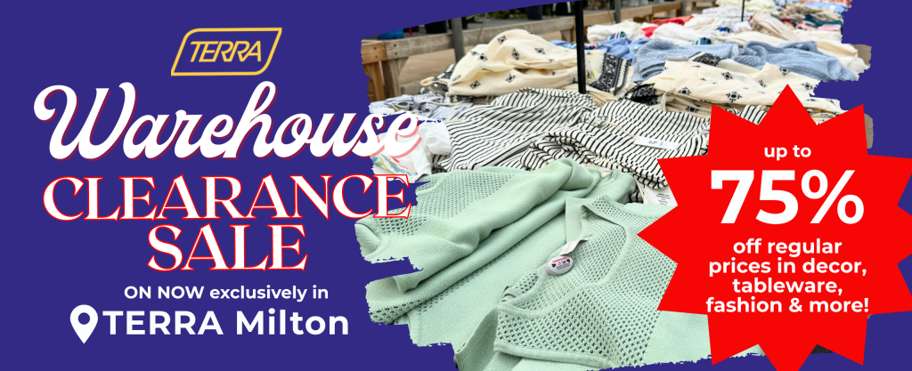 Image of clothing promoting Warehouse Clearance Sale at TERRA Milton location